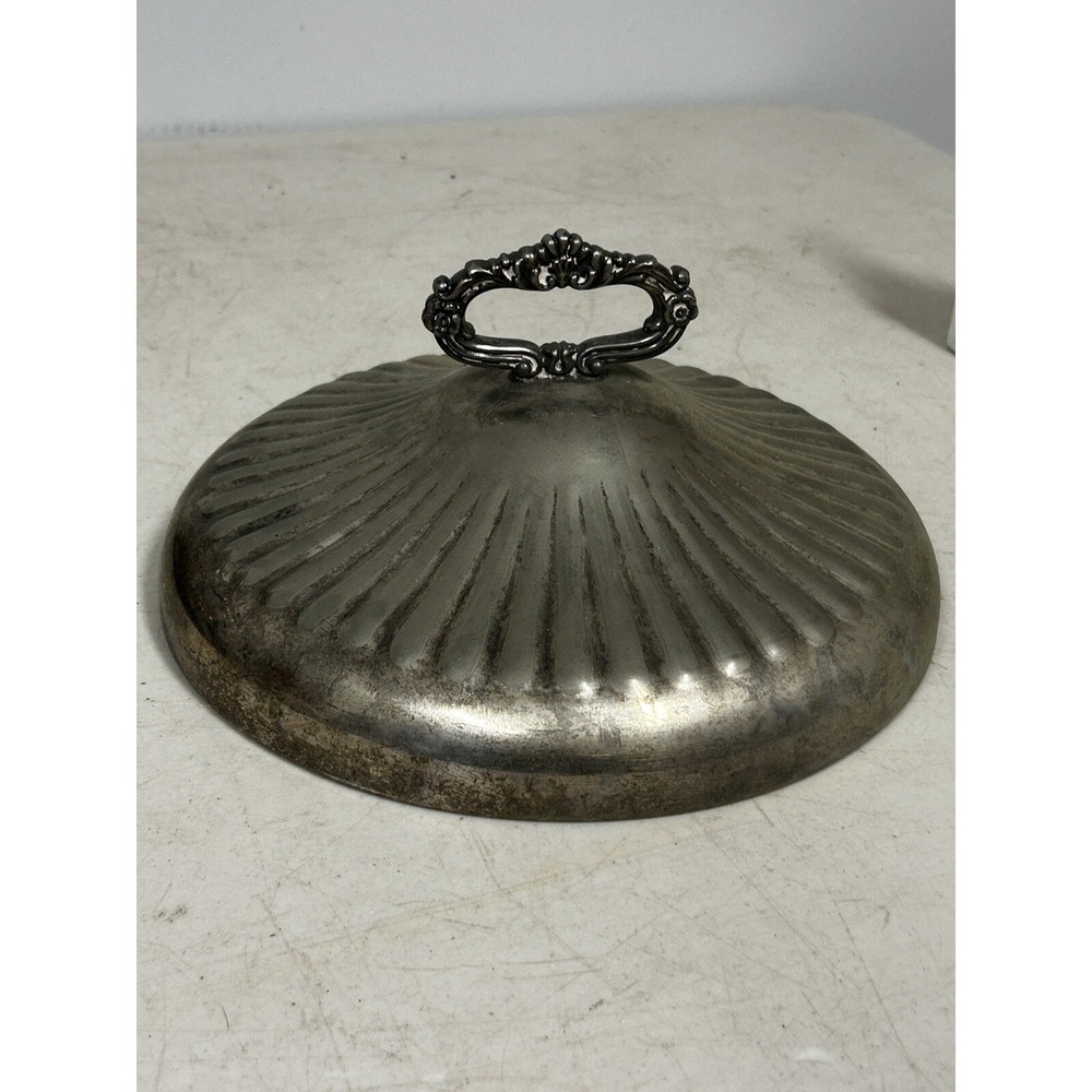 Antique Silver-Plated Dome w/Ornate Handle and Ribbed Design